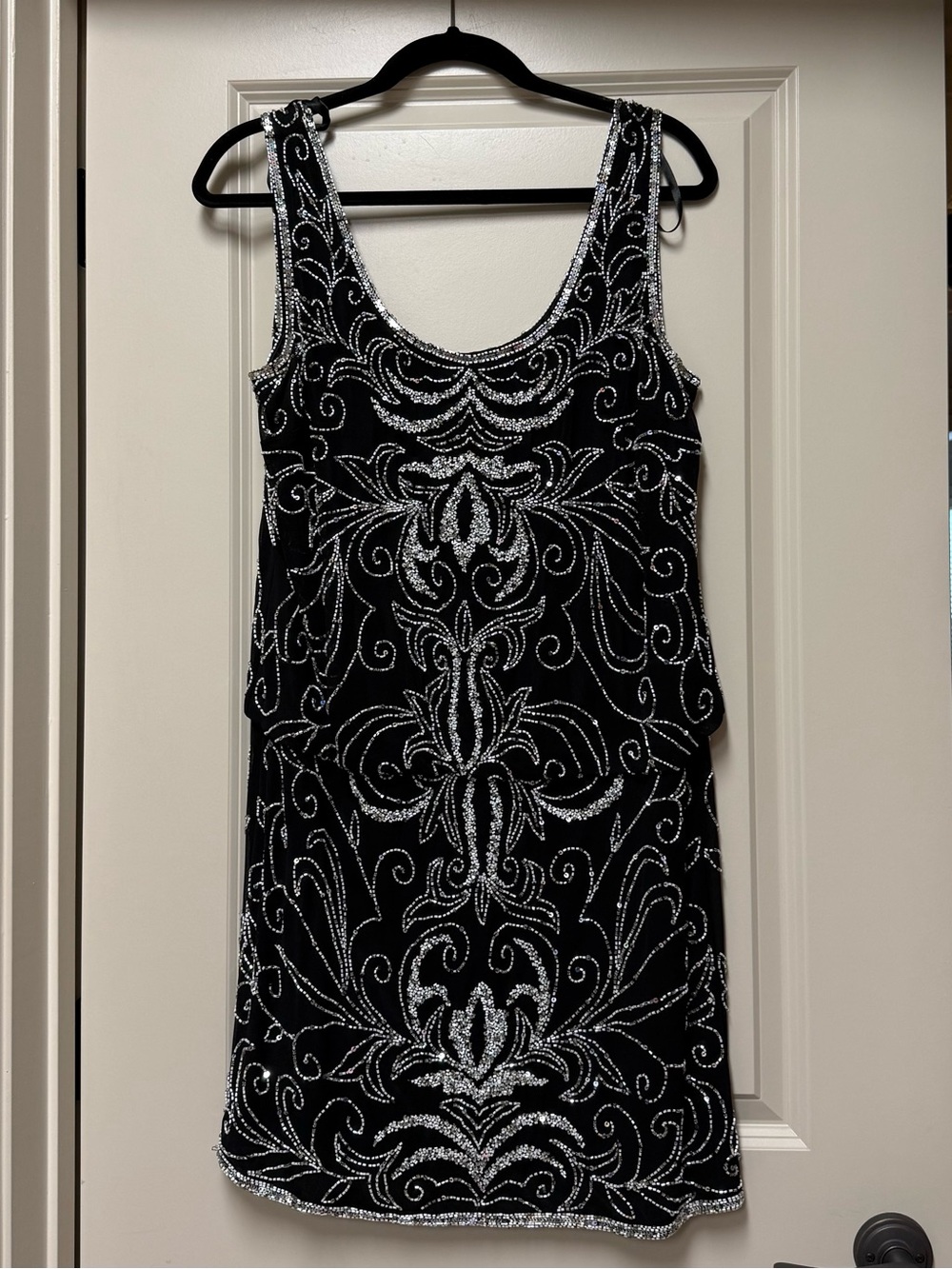 J Kara Black Sleeveless knee Length Dress with Silver Beaded Swirls